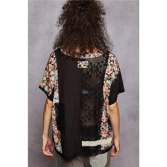 POL Lace Round Neck Short Sleeve Floral Pattern Top with Patch Detail - Picture 2 of 5